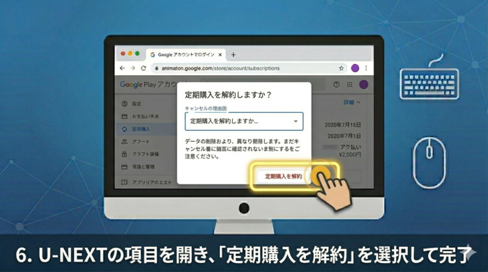 6. U-NEXTの項目を開き、「定期購入を解約」 を選択して完了