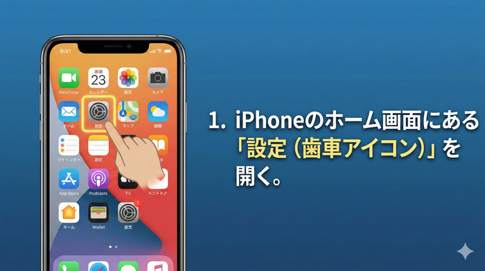 iPhoneのホーム画面にある「設定（歯車アイコン）」を開く。