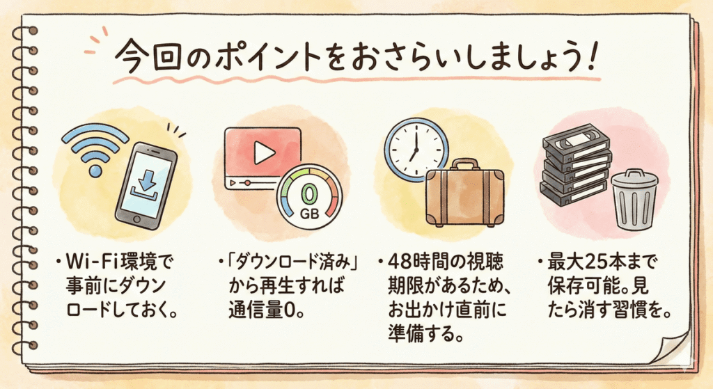 今回のポイントをおさらいしましょう！



・Wi-Fi環境で事前にダウンロードしておく。

・「ダウンロード済み」から再生すれば通信量0。

・48時間の視聴期限があるため、お出かけ直前に準備する。

・最大25本まで保存可能。見たら消す習慣を