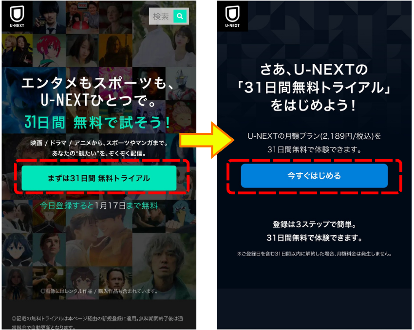 「まずは31日間無料トライアル」→「今すぐはじめる」