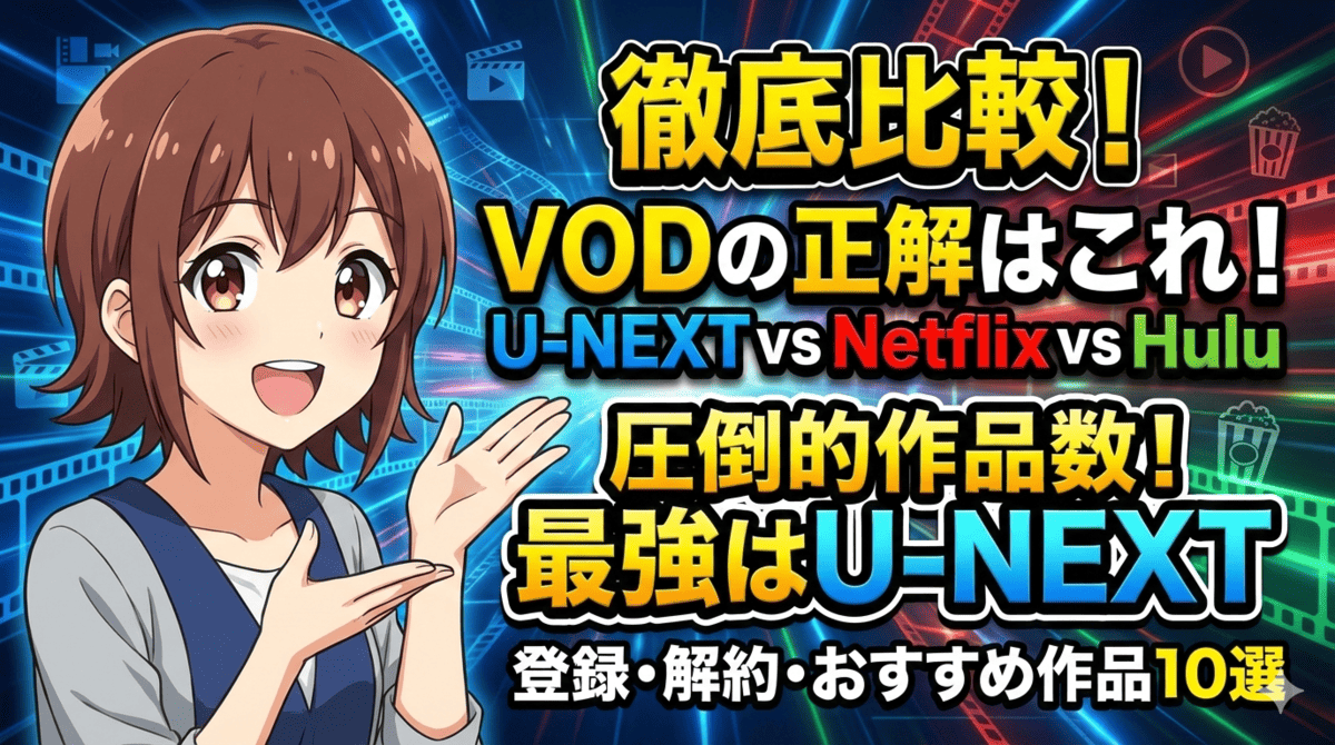 【徹底比較】U-NEXT vs Netflix vs Hulu！圧倒的な作品数が魅力のU-NEXTを徹底解説（登録・解約・おすすめ作品10選）