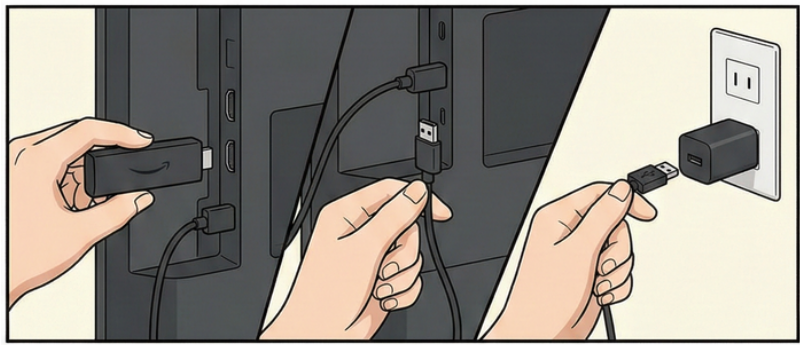 テレビ背面や側面にある「HDMI端子」に本体を差し込みます。次に、付属のUSBケーブルと電源アダプタを使って、コンセントから電源を取ります。