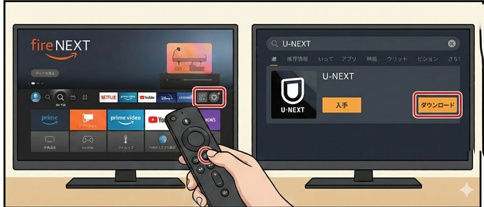 Fire TVのホーム画面にある検索アイコン（虫眼鏡）から「U-NEXT」と入力します。アプリが表示されたら「入手」または「ダウンロード」を選択します。