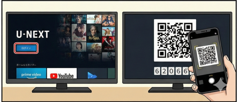 ダウンロードしたU-NEXTアプリを起動します。「ログイン」を選択すると、画面に「QRコード」または「認証コード」が表示されます。