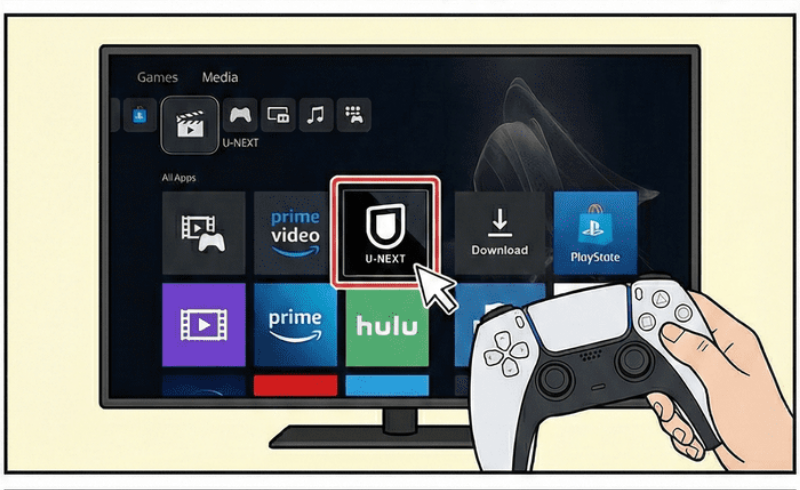 「すべてのアプリ」から「U-NEXT」を選択し、ダウンロード。