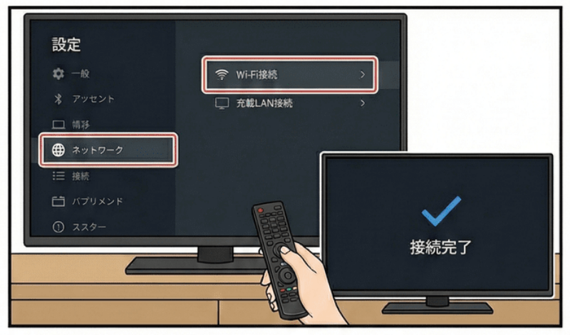 設定メニューからWi-Fi、または有線LANでテレビをインターネットに接続します。