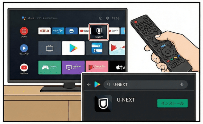 リモコンの「ホーム」ボタンや「アプリ」ボタンを押し、アプリ一覧の中から「U-NEXT」を探します。もし見当たらない場合は、テレビ内のアプリストア（Google Playストア等）から検索してインストールしてください。