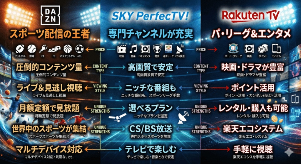 DAZNと他社サービス（スカパー！・楽天TV）の違いを比較