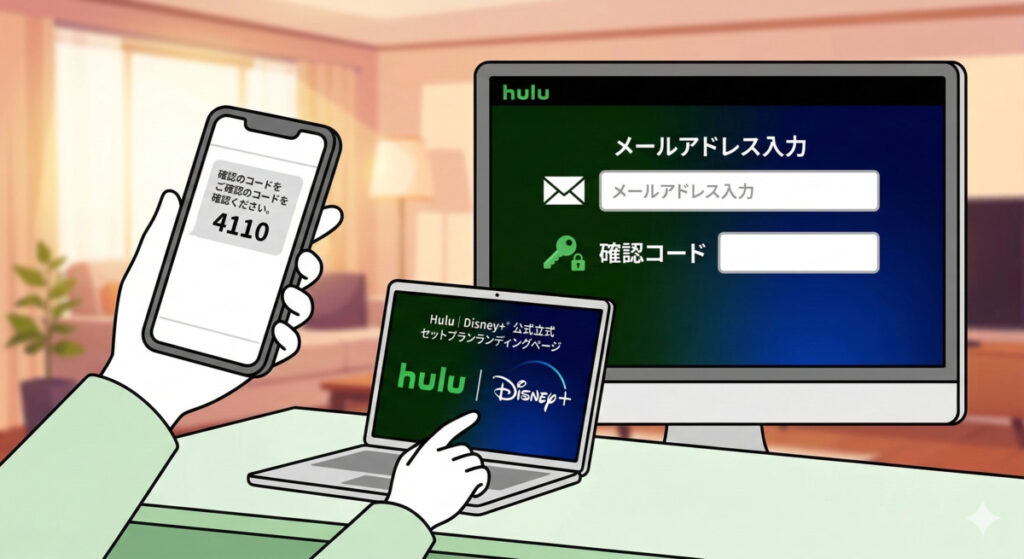 メールアドレスを入力し、届いた確認コードを入力する