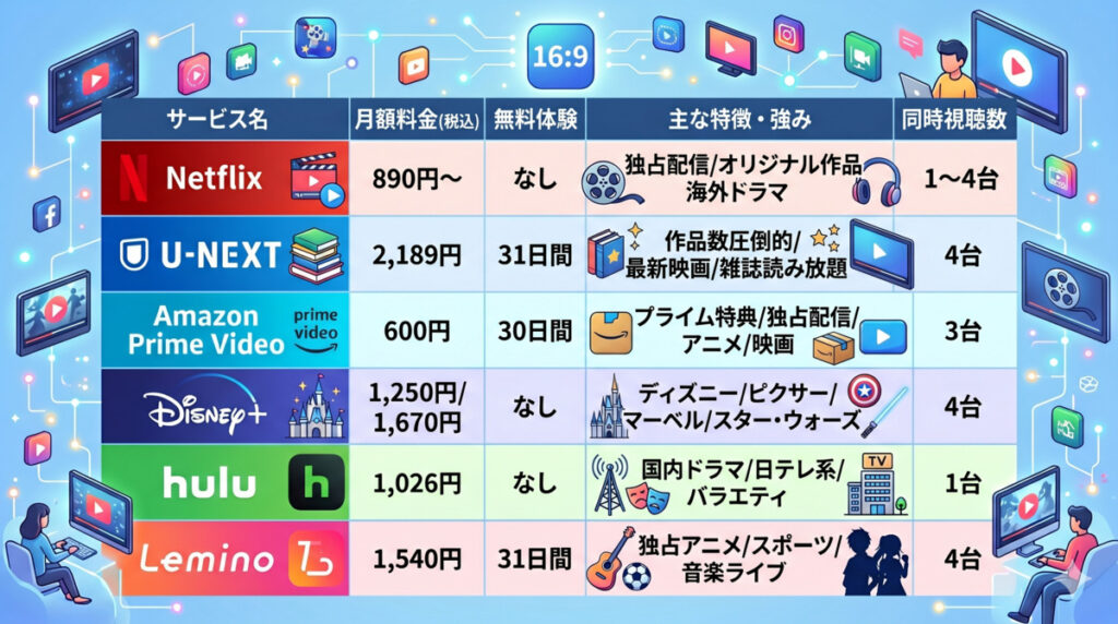 動画配信サービスの料金比較【VOD一覧表】